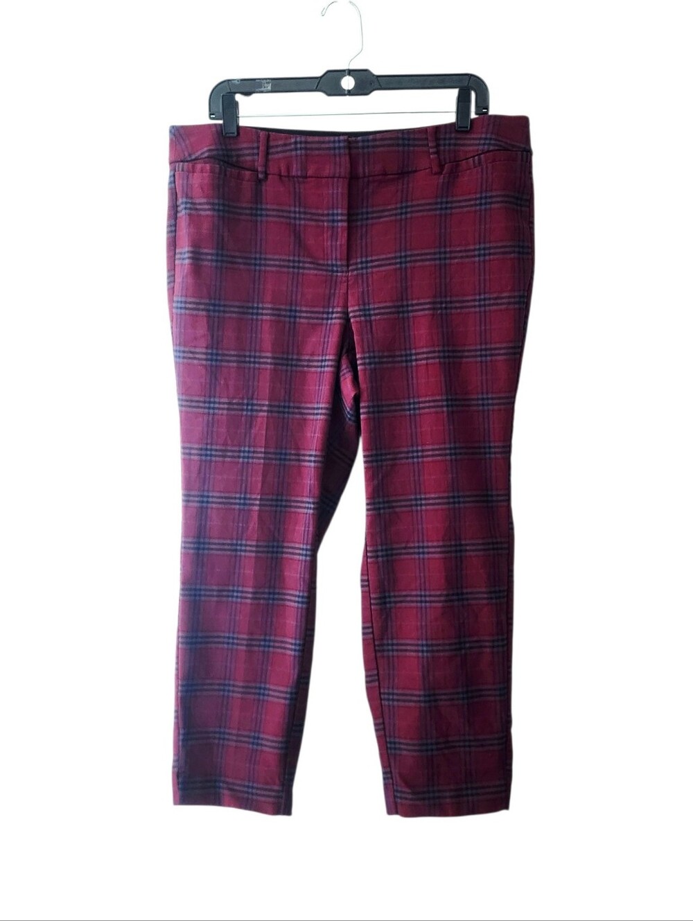 Plaid Stretch Ponte Ankle Pants in Burgundy and Navy